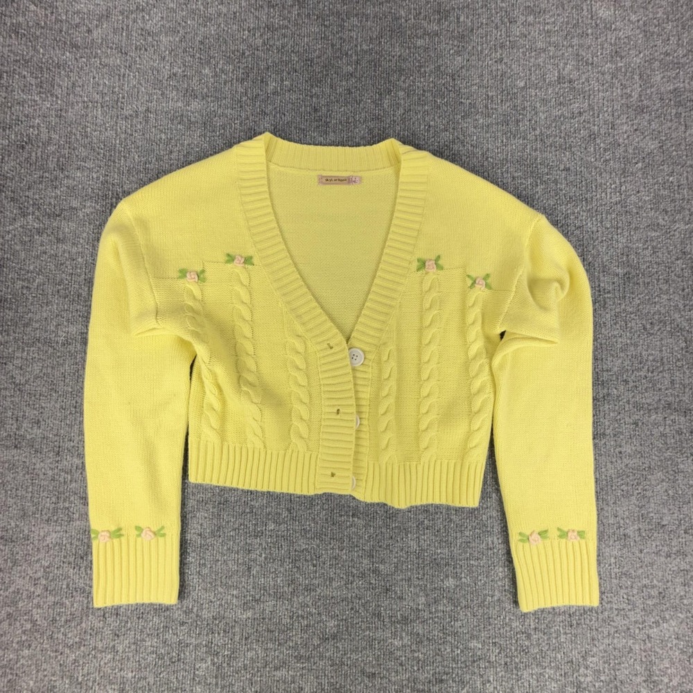 Skylar Rose Cardigan Sweater Womens Small Yellow Cable Knit Cropped Floral